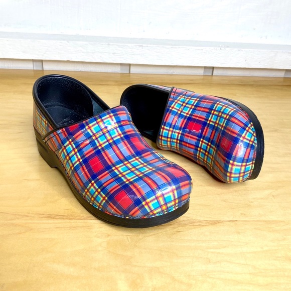 dansko plaid clogs